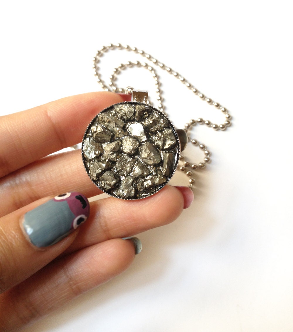 Pyrite Chunk Chain, raw druzy silver pendant ball mica fool's gold