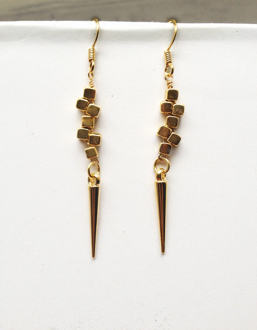 Gold Atomic Earrings, simple short dangle spike cube gold stacked