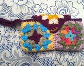 Bright Multicolor Crochet Granny Square Lined Wristlet