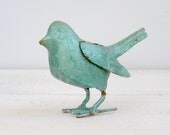 Vintage turquoise metal Warbler, blue rusted metal bird, bird figurine, collectible, cottage chic, nature decor, animal world