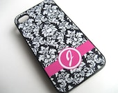 iphone case Black and White Damask iPhone 4 Case with Single Pink Monogram - Accessories for iPhones - Hard Plastic BLACK Case