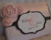 Light Pink Wedding Guest book with Monogram and white lace accents