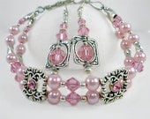 Two Strand Pink Swarovski, Silver Bracelet  & Earring SET, Pink Pearls n Crystals, Bridal, Prom