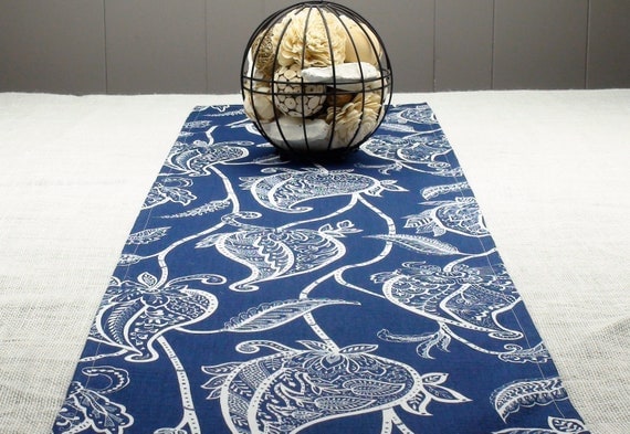 Blue Paisley Table Runner, White Table Runner, Blue Tablecloth - Blue Color, White Color  108 inch long table runner