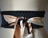 Obi belt sash black tan silk vintage print reversible brocade linen waist cincher