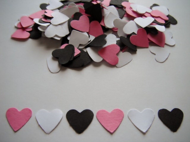200 Bright Pink-White-Black Valentines Day Heart Hand Punched Paper Confetti