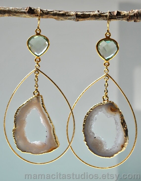 Geode Earrings on Green Amethyst Agate Druzy Earrings   Geode Earrings   Geode Jewelry