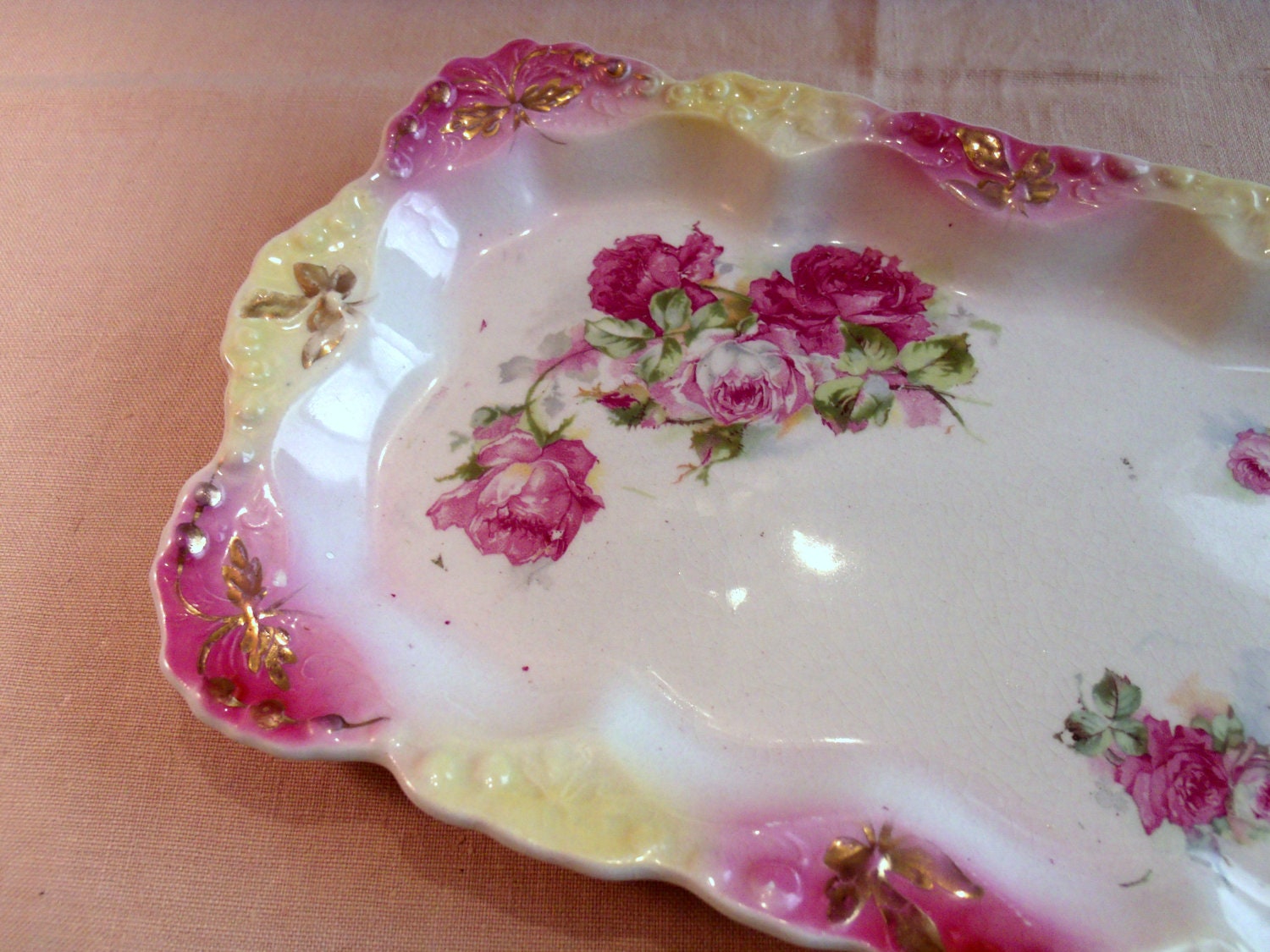 Vintage Hand Painted Dish Rectangular Shape Pink Roses Gold Edging Unmarked Dresser Tray TREASURY ITEM