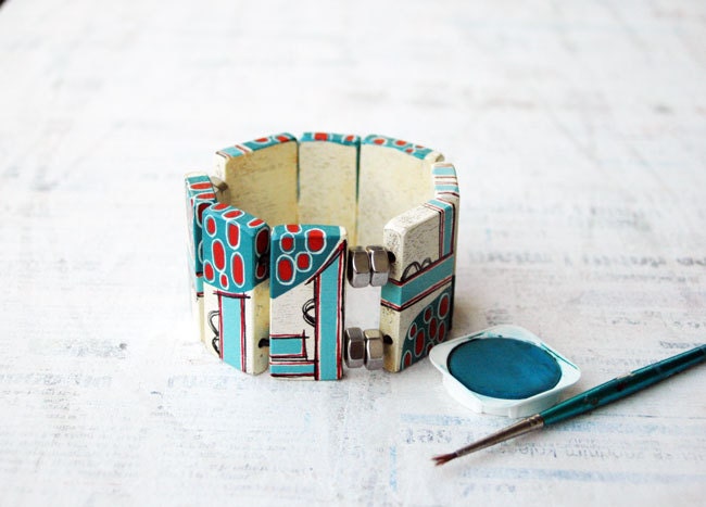 Blue Wood Bracelet with Hex Nuts Statement Elastic Bracelet Big Chunky Wearable Art Geometric jewelry