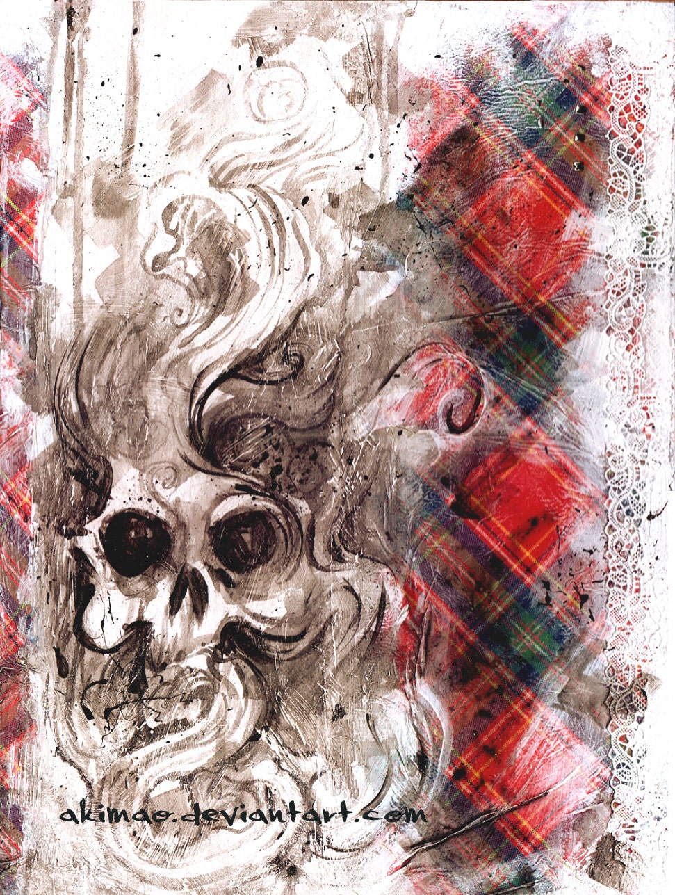 Painting plywood acrylic - skull tartan - studs and lace