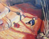 Bird in nature painting. Art by Brandy Cattoor. ACEO print of zoo animal. Purple, red, orange, yellow.