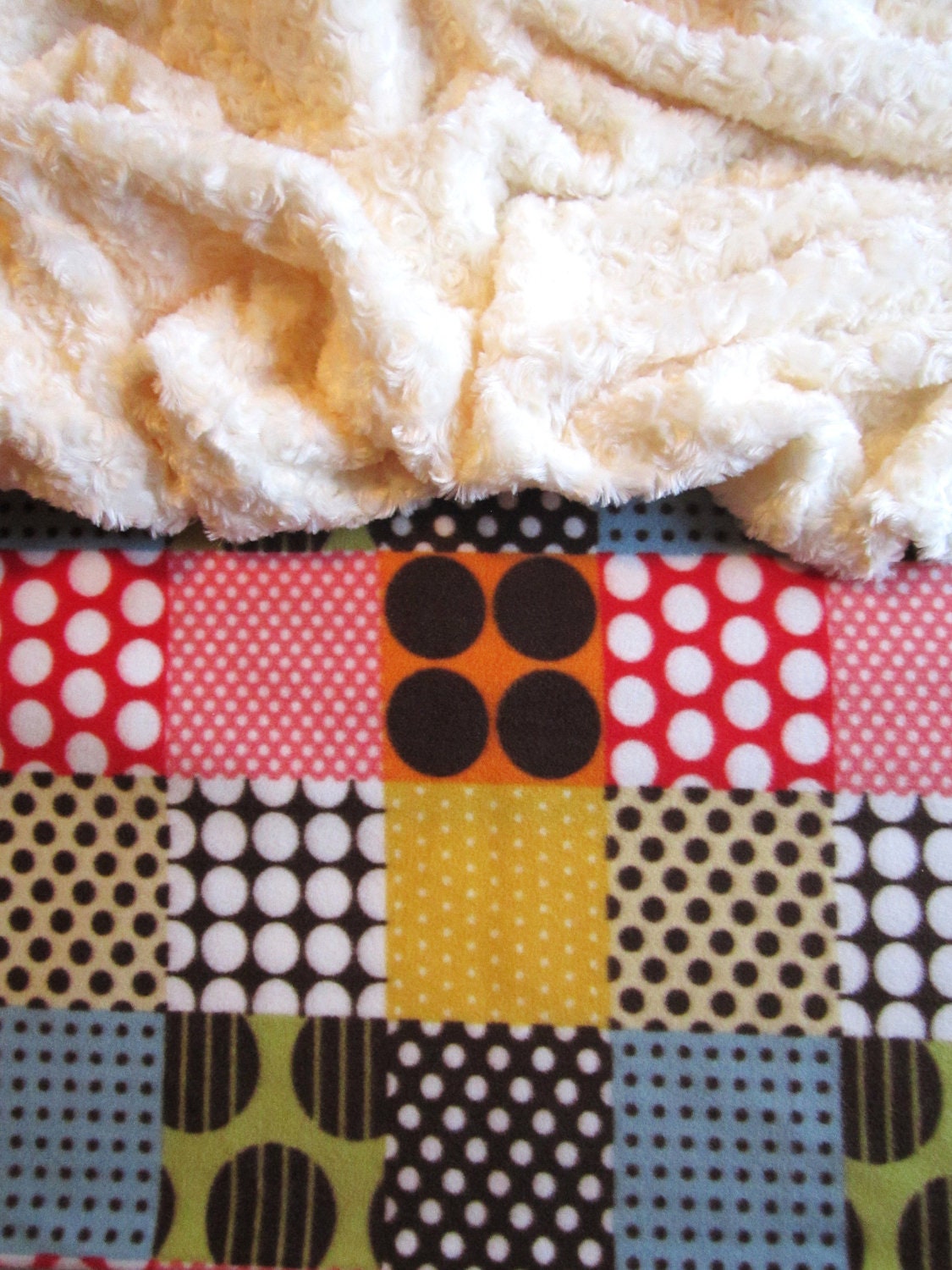 Baby Boy Minky Colorful Patchwork Blanket - 35" x 29" Polka Dot Squares - Red, Brown, Yellow, Orange, Blue, Tan, Green ULTRA PLUSH