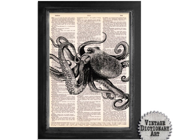 Mighty Octopus in Black & White - printed on Recycled Vintage Dictionary Paper - 8x10.5