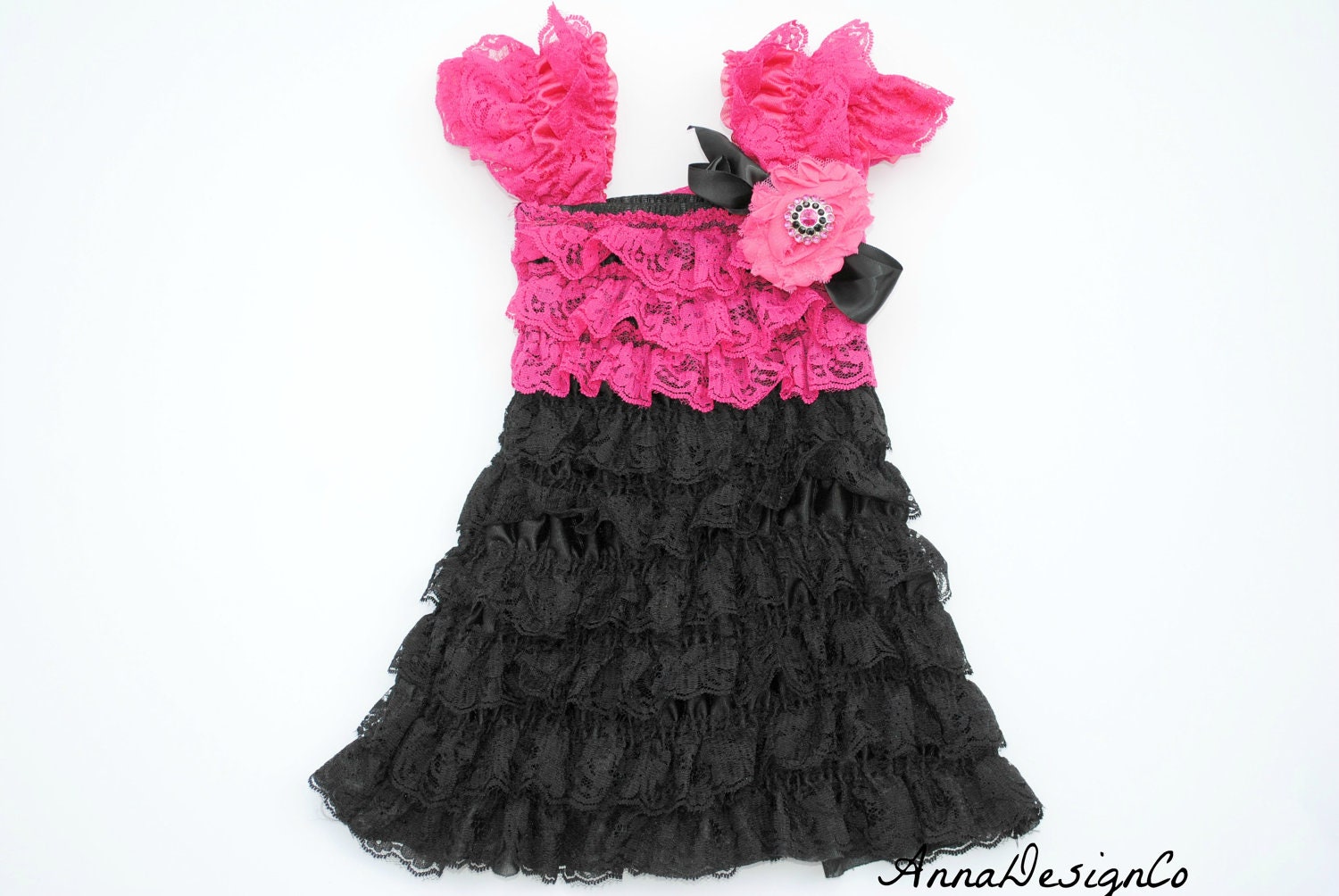 Black and Hot Pink Lace Dress Newborn Baby,Toddler, Girl Petti Dress Photo Prop