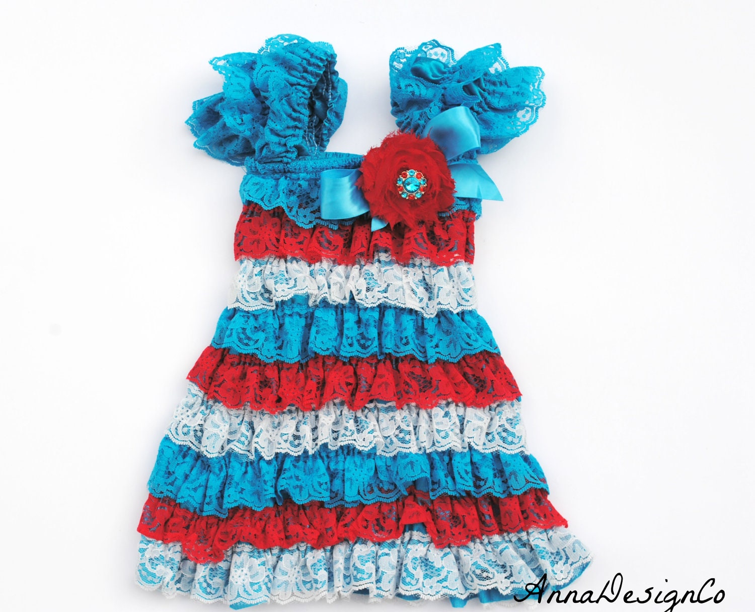 Turquoise, Red, White Lace Dress Newborn Baby,Toddler, Girl Petti Dress Photo Prop