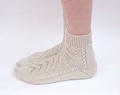 Hand knitted women fishnet Socks beige rustic white merino wool green for her
