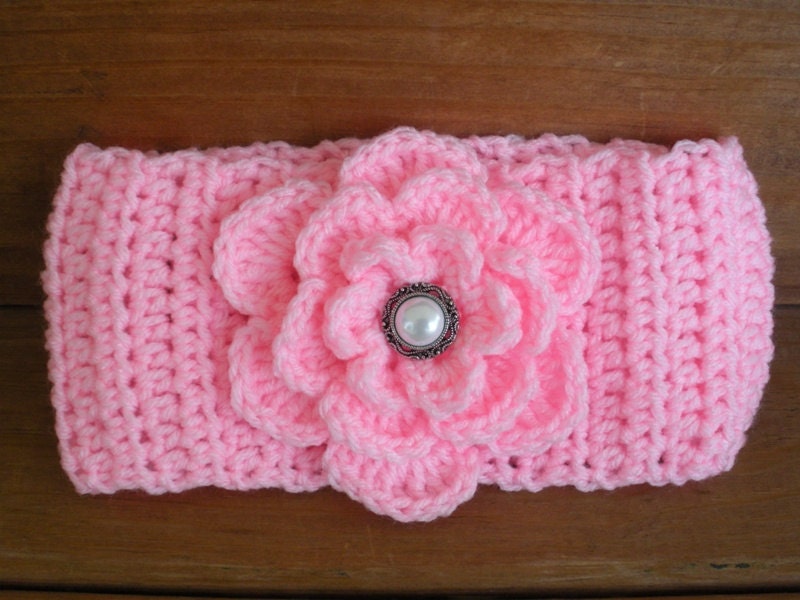 Womens Headband Crochet Headwrap Winter Fashion Hair Accessories in Light Pink with Crochet flower