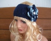 Womens Headband Crochet Headwrap Winter Fashion Accessories in Soft Navy Blue with Multicolor Crochet flower