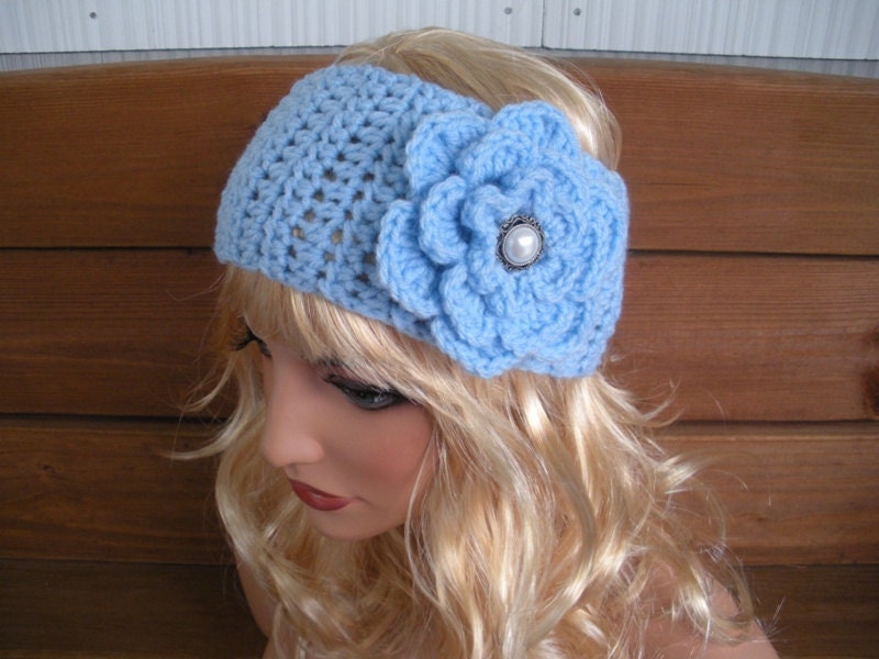 Crochet Headband Headwrap Winter Fashion Hair Accessories  in Light Blue with Crochet Flower