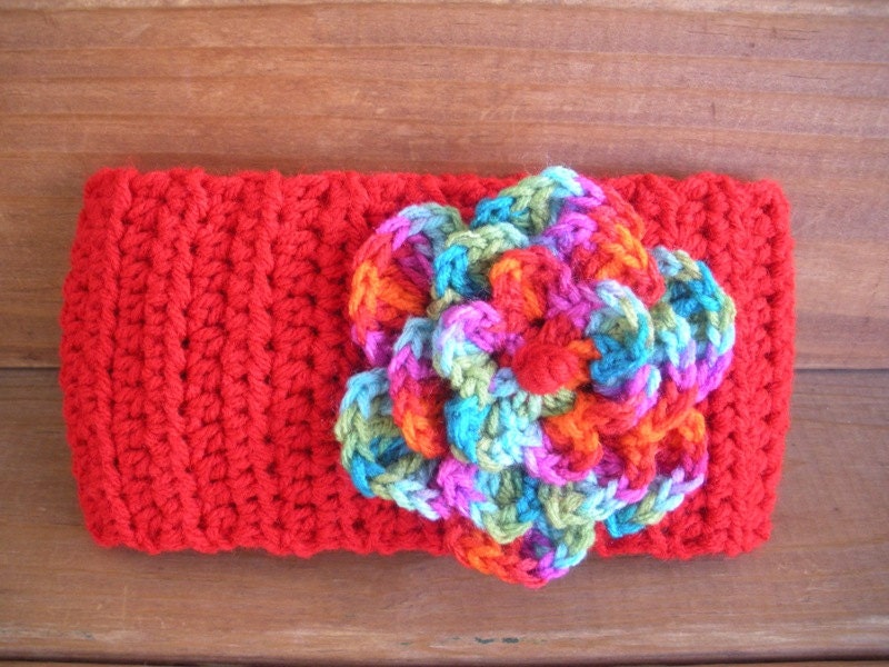 Womens Headband Crochet Headwrap Winter Fashion Hair Accessories in Red with Multicolor Crochet Flower