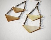 Double Triangle Earrings Statement rustic tribal aztec Gold with antiqued dark brass chain and earwire