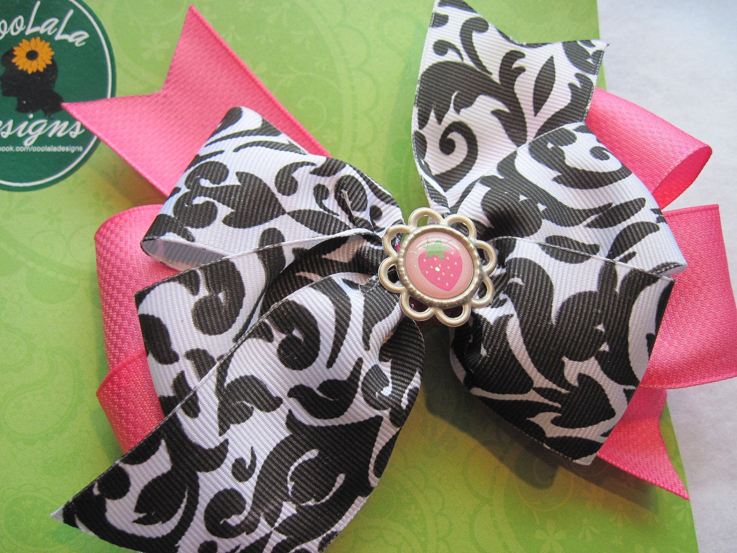 Children's Black and Pink Hair bow with Strawberry Center Accent