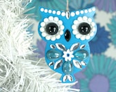 Owl Ornament Jeweled Wood Hand Painted Turquoise Blue