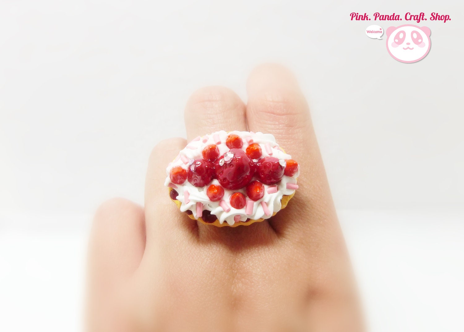 Polymer clay creamy strawberry lover tart adjustable ring