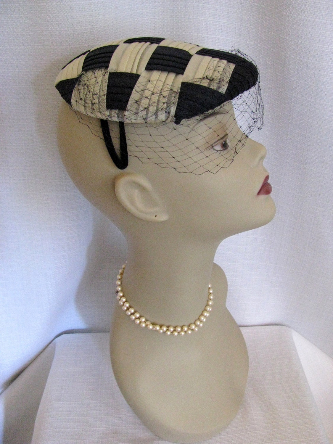Vintage 1950s - 60s Daytons Hat - Checked Cream and Blue Black - Kentucky Derby Hat