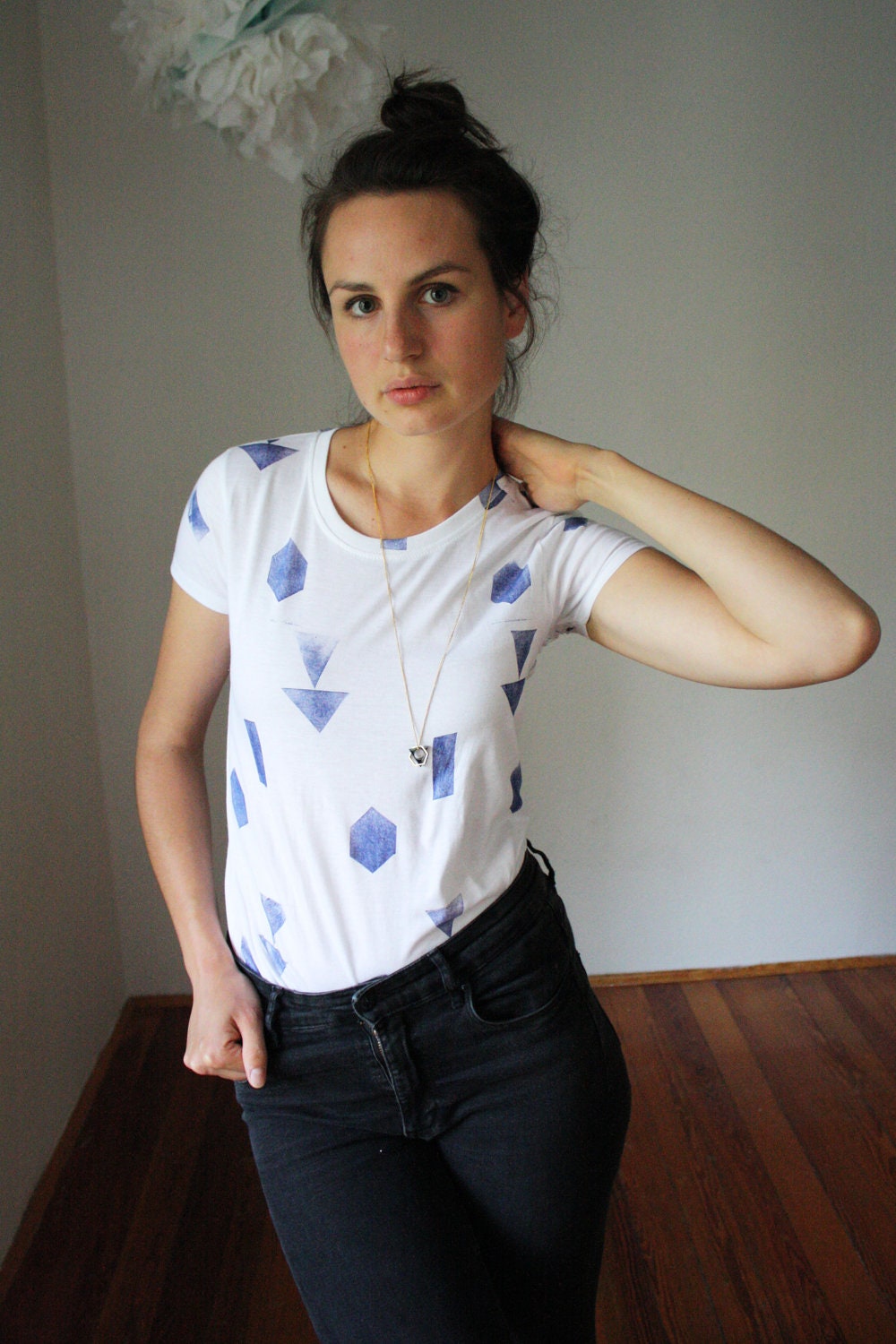 Shirt // white / blue // random geometry