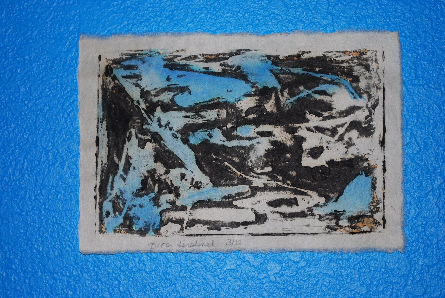 Small print, abstract art print, Japanese rice paper, Turquoise and black, fine art, wood block print