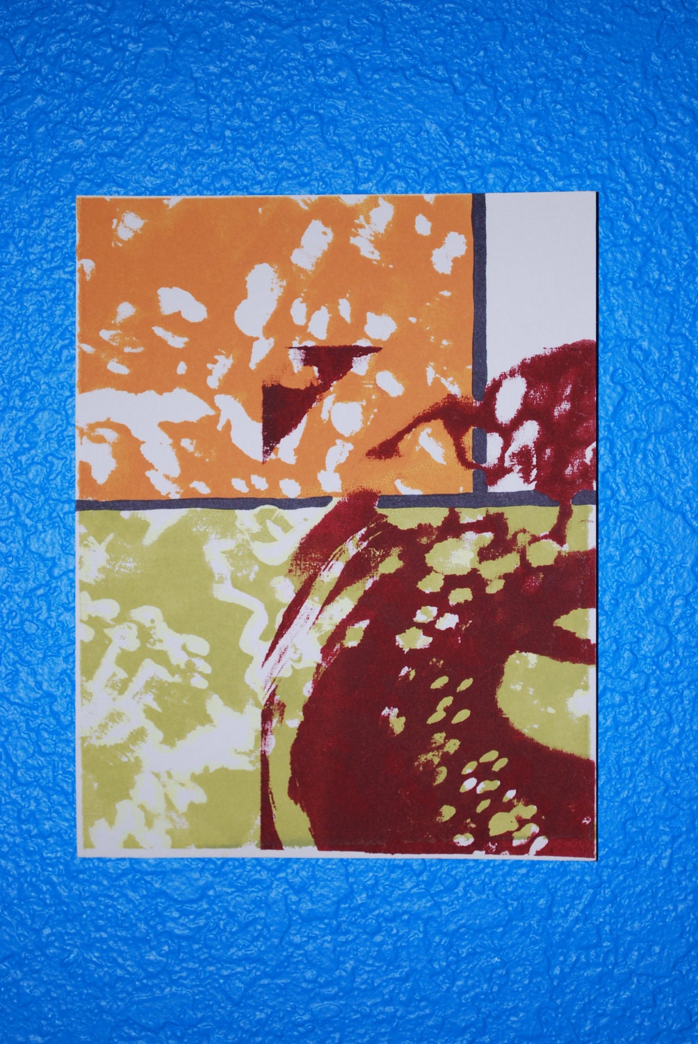 Silk screen print, earth tones, orange, green, maroon, small print, postcard, abstract art, series of prints
