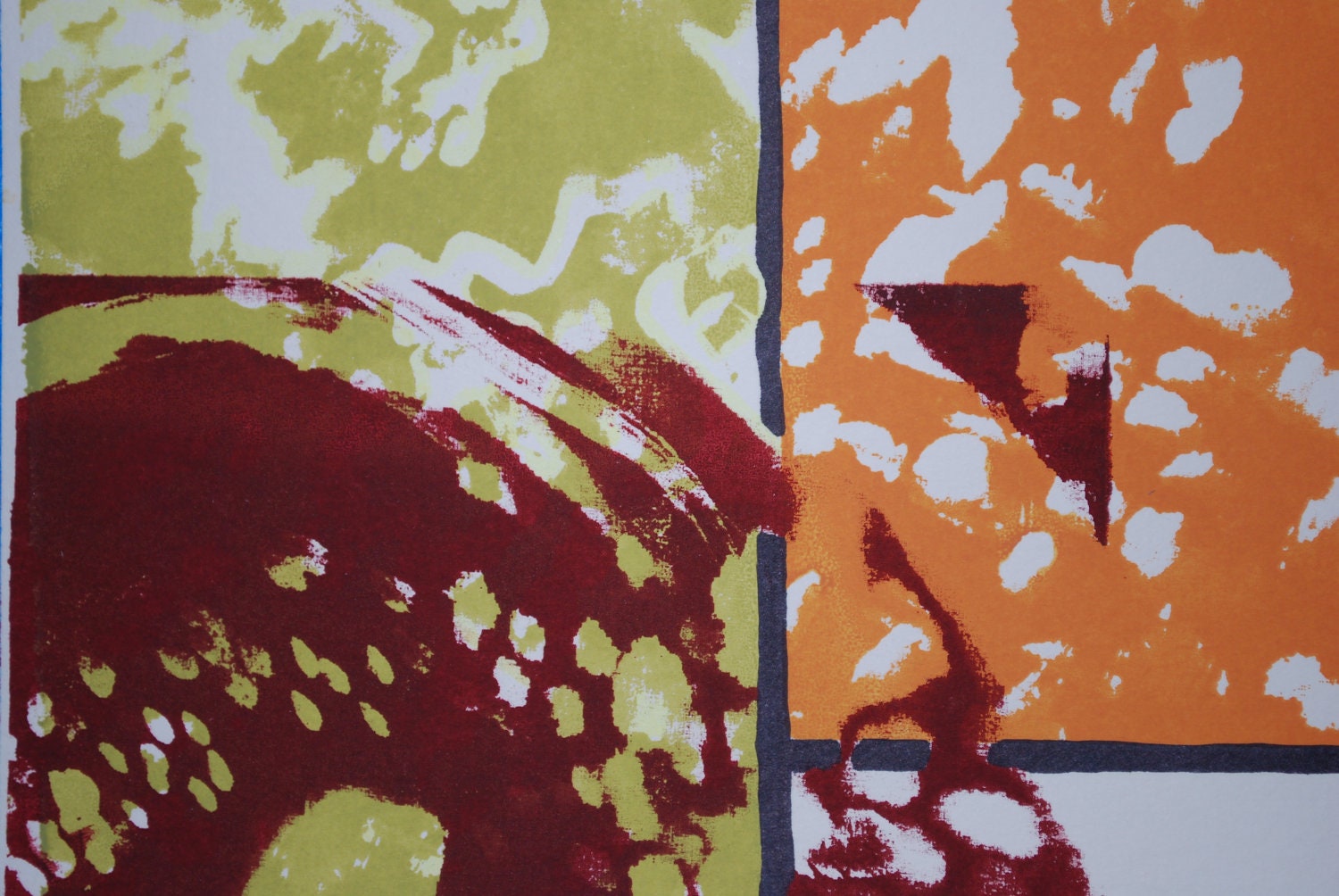 Silk screen print, earth tones, orange, green, maroon, small print, postcard, abstract art, series of prints