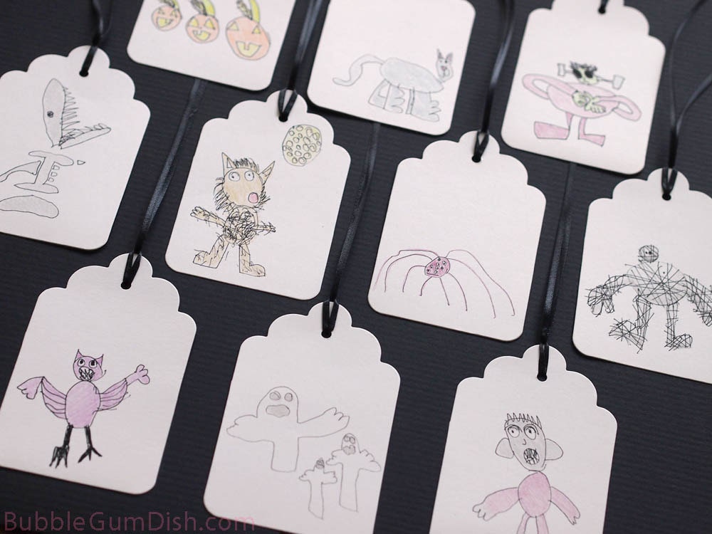 Halloween Hang Tags Gift Tags My Childs Drawings 3x5 Set of 10 Colored Pencil Large