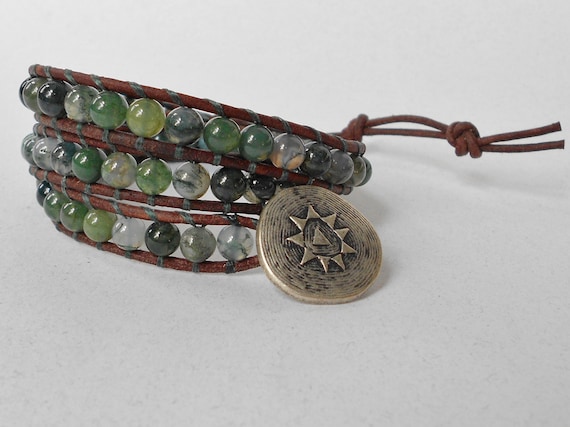 3X Beaded Leather Wrap - Moss Green Agate on Distressed Red Brown Leather with Silver Star button (WB168)