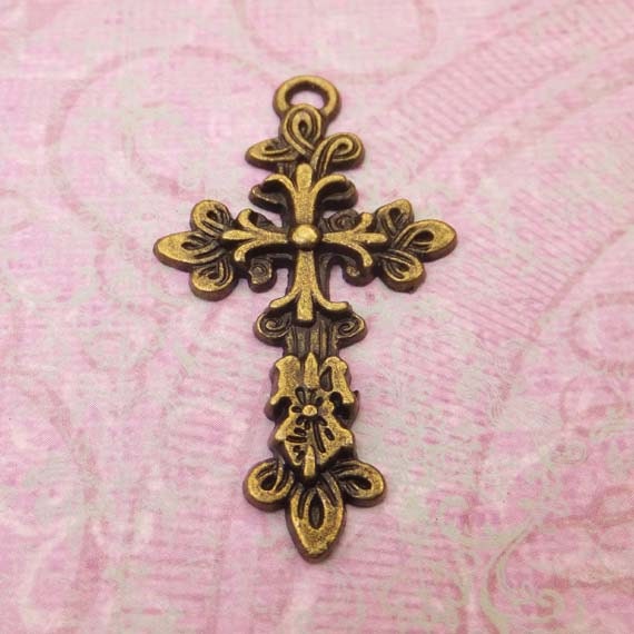 SALE - (1 Piece) Antique Brass Crusade Style Cross Charm Pendant Rosary 46mm - Jewelry Findings- BeadCoNet