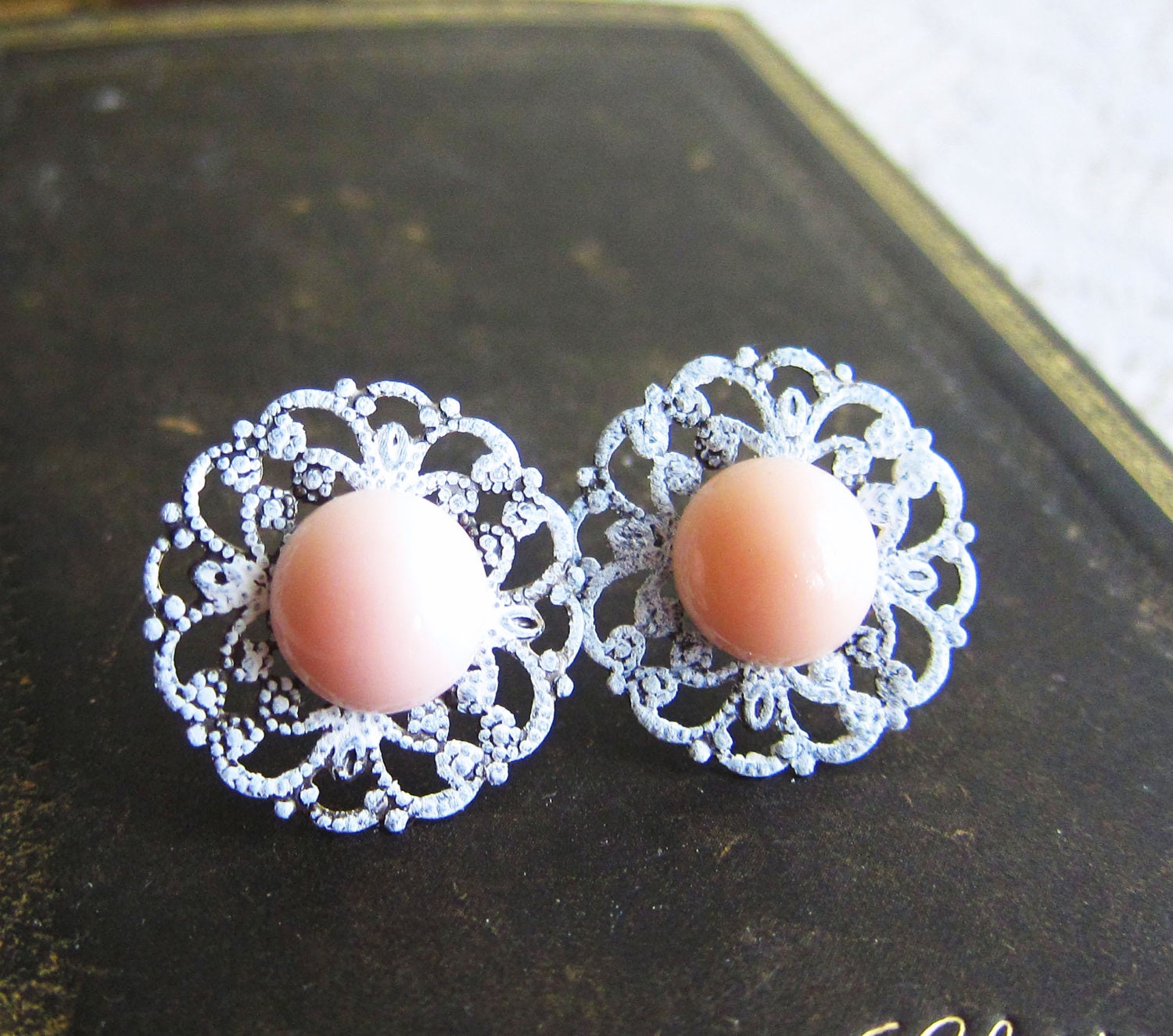 Peach Earrings Pink Stud Earrings Patina White Wedding Earring Studs Bridesmaids Earrings Bohemian Dreamy Rustic Shabby Chic Romantic
