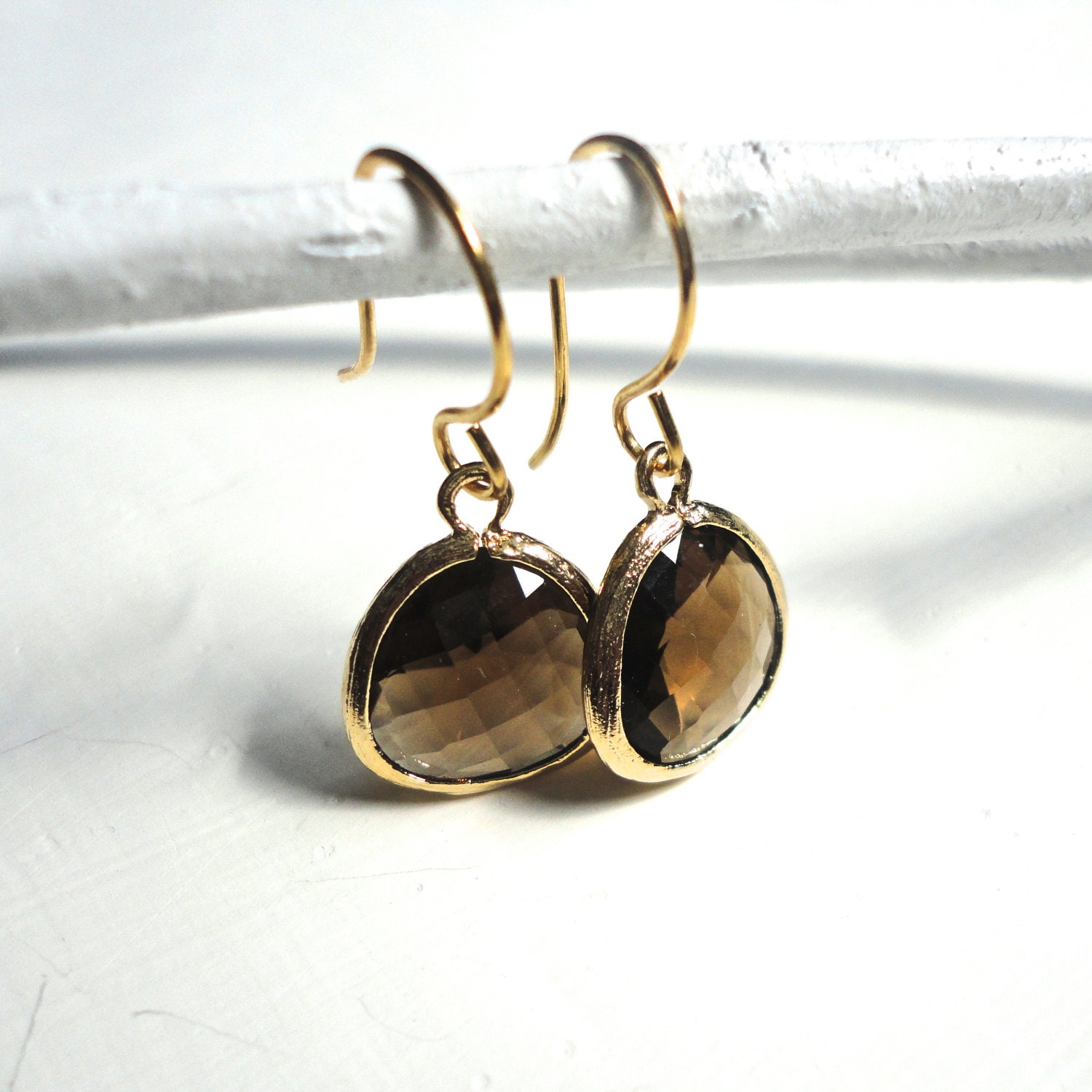 Brown Gold Earrings - Short, Simple, Glass Gemstone Teardrop Jewelry