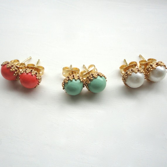 Tiny Stud Earrings - Coral, Mint, & Pearl - Choose Your Color - One Pair of Post Earrings - Perfect Gift Idea - Minimalist