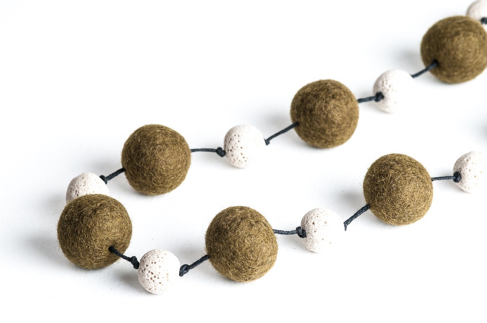 Fall Fashion Necklace Olive Green Chunky Long Necklace Felted Jewelry - DevikaFelt