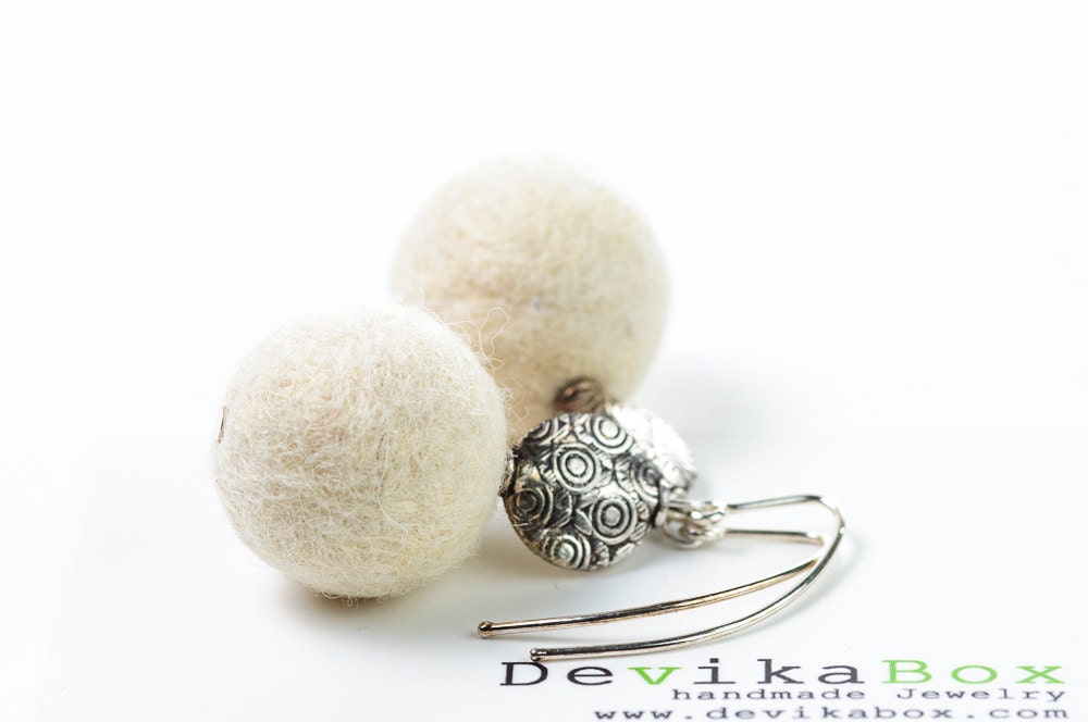 White Beaded Felt Earrings Creamy White Felte Balls Gift For Her Winter Jewelry