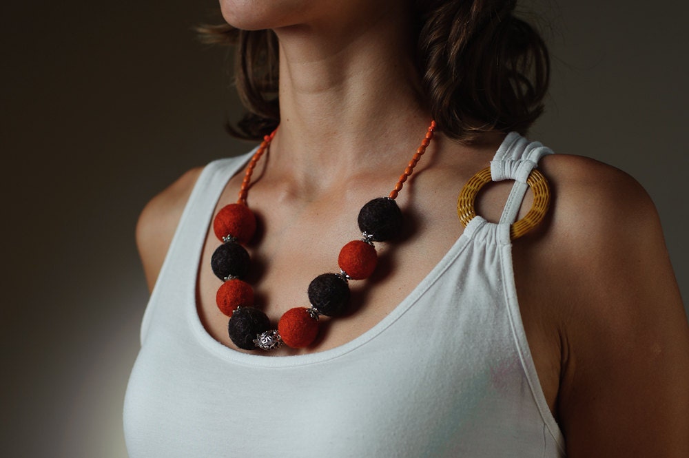 Felted Jewelry Chunky Necklace / Autumn Halloween Necklace Orange and Brown