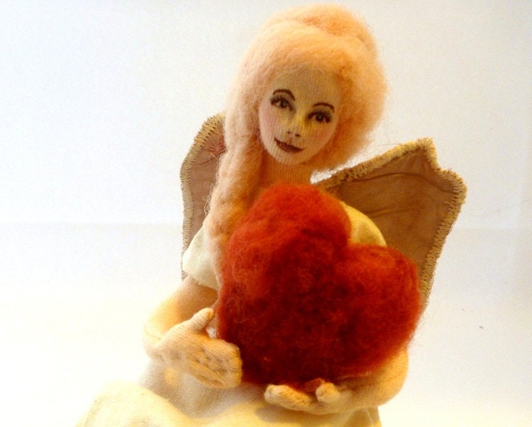 Art doll cloth angel needlefelt heart soft sculpture Guardian
