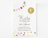 Girls First Birthday Gold Glitter balloon and confetti custom Invitation - Brights - First Fiesta - Customized Printable Invitation
