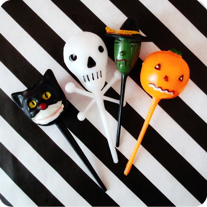 Halloween Cupcake Toppers - 12 Vintage Inspired Halloween Cupcake Picks - Cat - Skeleton - Pumpkin - Witch Il_570xn