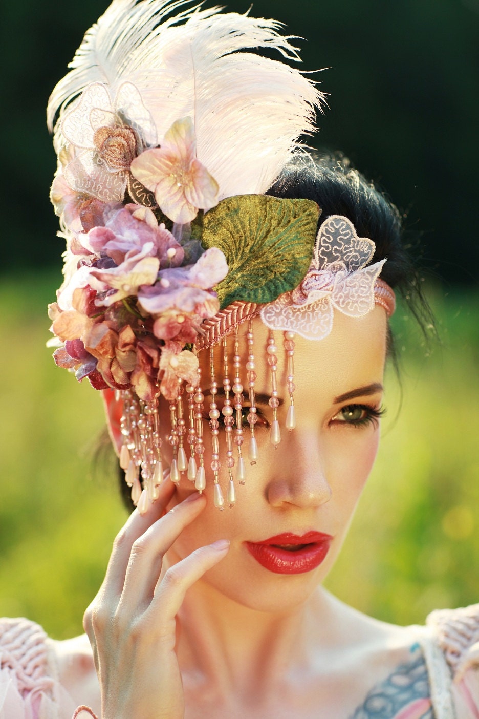 Feather headpiece multi texture floral beaded ostrich feather head piece head dress also available in ivory white