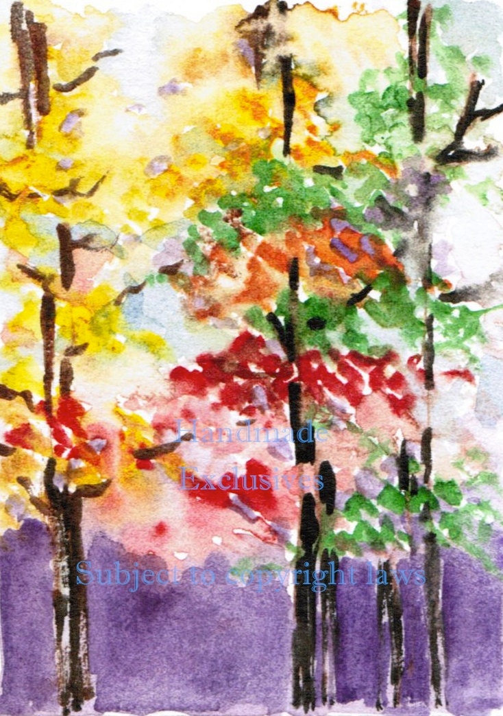 Fall colors, nature art, Watercolor trees, Original Painting, Fiery fall,  OOAK, ACEO10