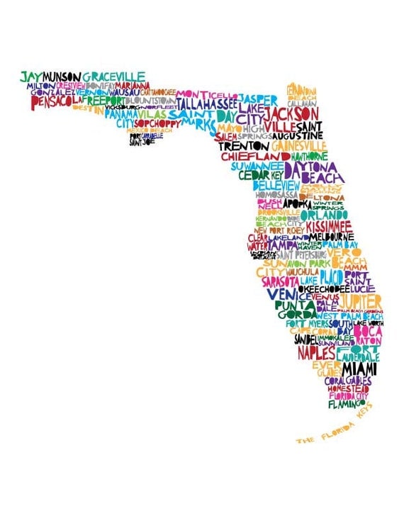 FLORIDA Digital illustration Print of Florida with Cities
