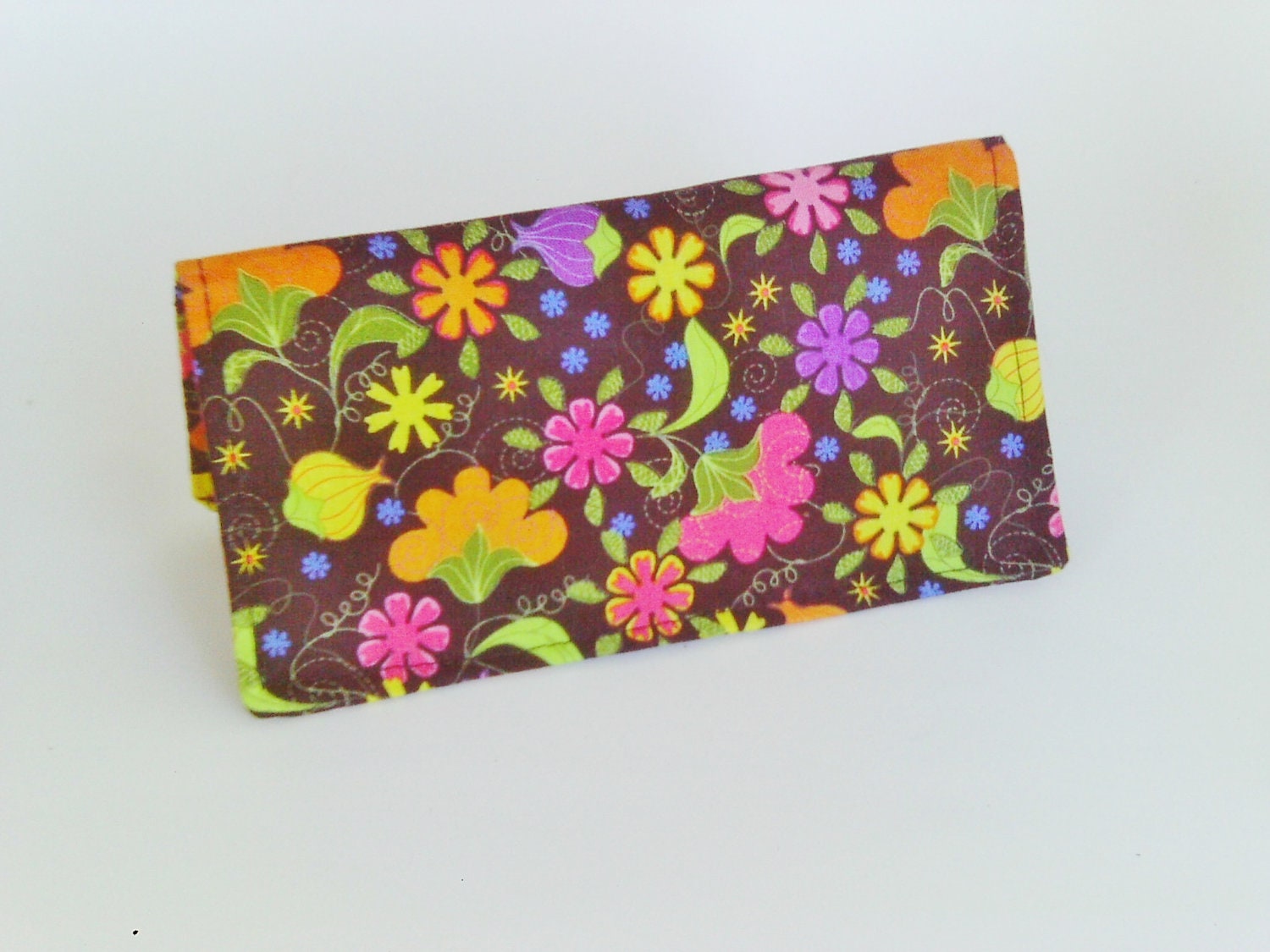 Fabric Checkbook Cover in Black and Bright Floral Print