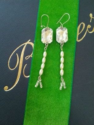 Silver Rhinestone Earrings with Pearls and Beaded Fringe- "Alma"